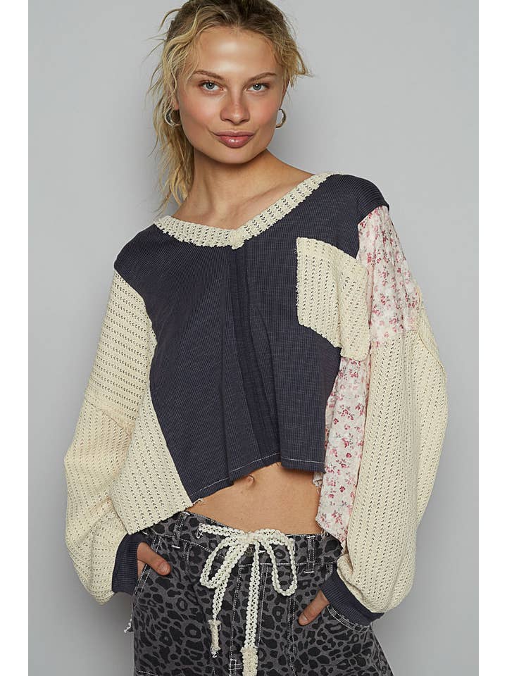 Pol Clothing - Wholesale Knit Top - Women's - Vintage wash V-neck floral ribbed knit top SALE