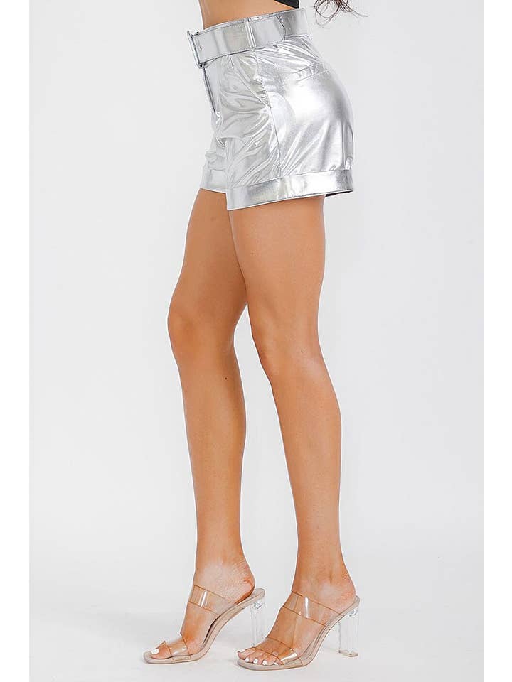 ROUSSEAU - Wholesale Shorts - Women's - BUTTON CLOSURE BELTED FRONT POCKETS METALLIC SHORT18