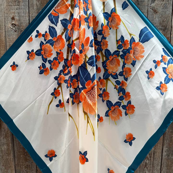 Rodeo Drive - Wholesale Scarf – Women's - 35X35" White and Teal Floral Wild Rag / Scarf WR34411