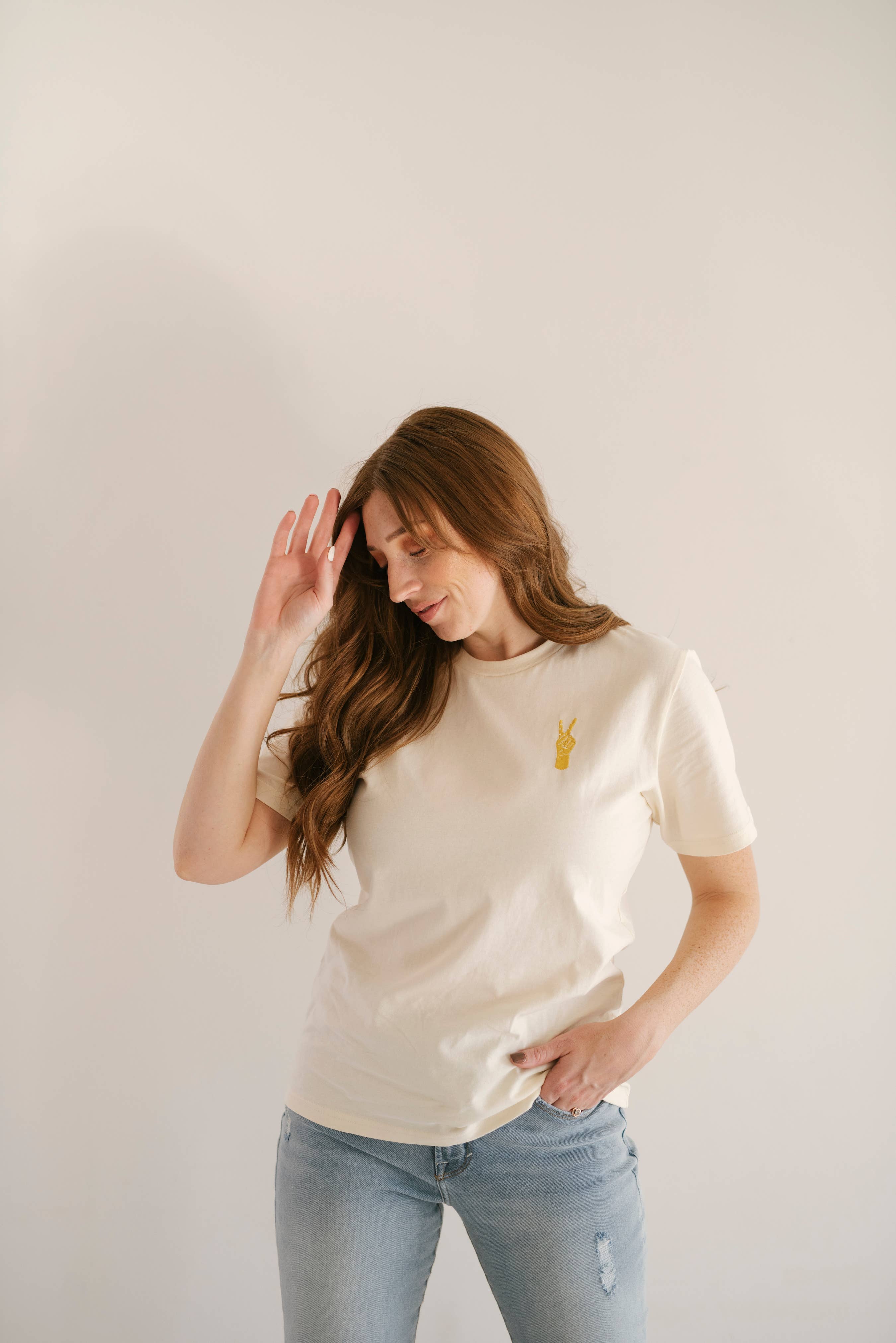 Oak Bluff Peace Hand Embroidered T-Shirt, Womens Shirt, Chainstitch for wholesale on Faire4