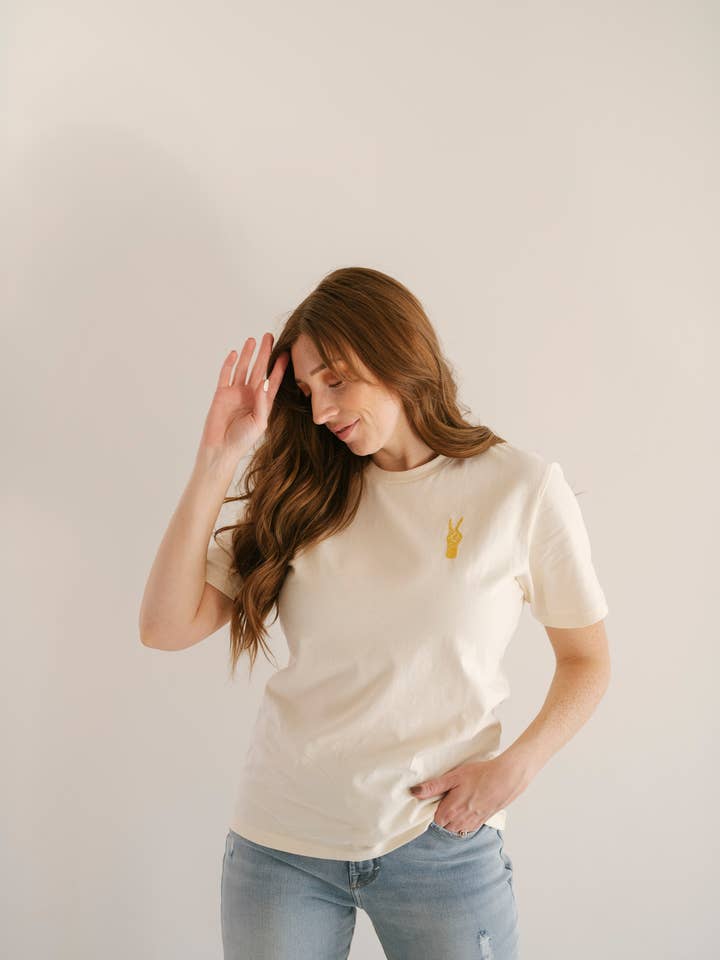 Oak Bluff Peace Hand Embroidered T-Shirt, Womens Shirt, Chainstitch for wholesale on Faire4