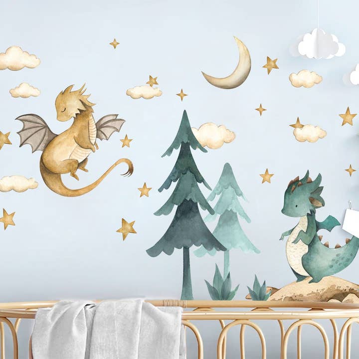 WallKoala - Wholesale Wall decal/stickers - Baby Dragon Resting Under Stars Moon Trees Wall Decal - Removable Peel and Stick - BR4262