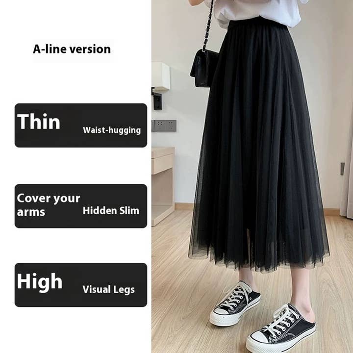 ACCITY - Wholesale Skirt - Women's - SOLID COLOR ELASTIC-WAIST MESH TULLE A-LINE SKIRT_CWBLS03723
