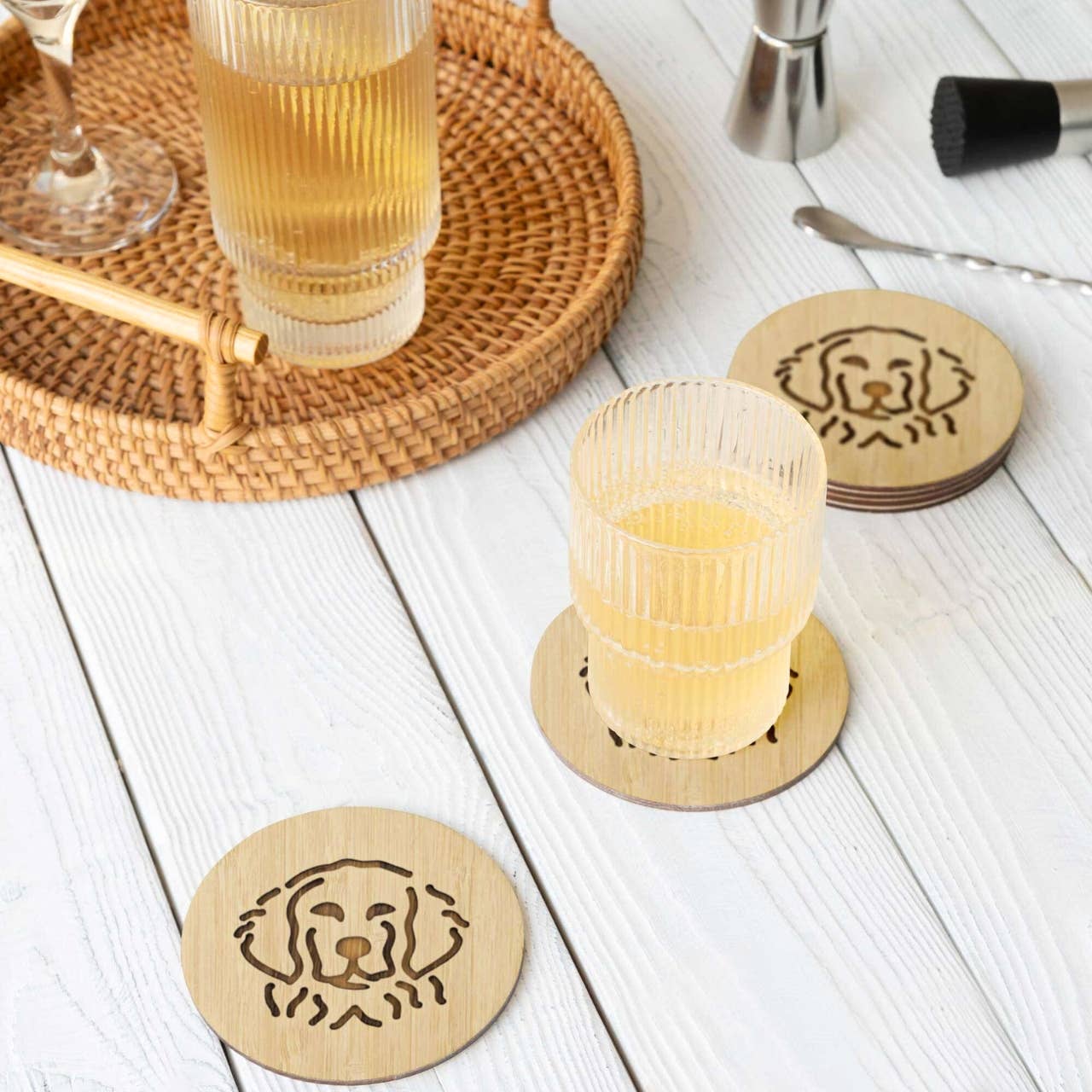 Rudderr, LLC/MintBucket - Wholesale Coasters - Set of 6 Bamboo Engraved Dog Coasters w/Holder - Retriever1