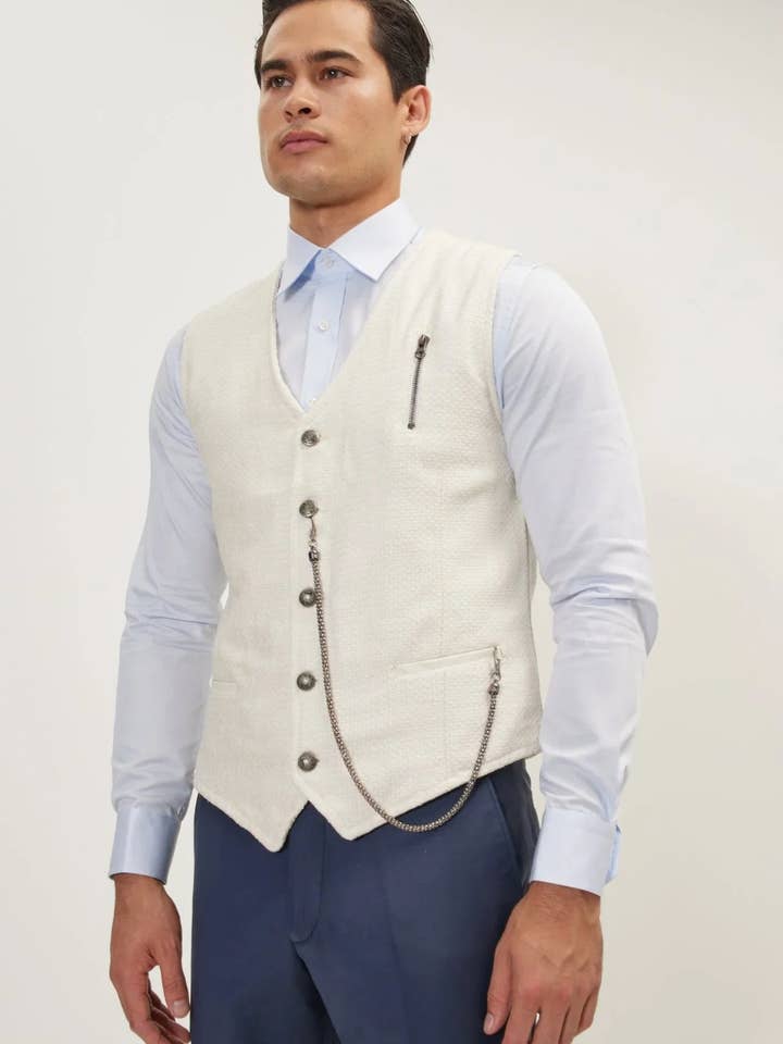 Men's Pique Pocket-Watch Chain Vest - Ecru for wholesale by Ron Tomson