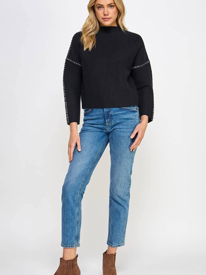 Ellison - Wholesale Knit Sweater - Women's - RT-3913-6 CONTRAST STITCH MOCK NECK SWEATER BLACK