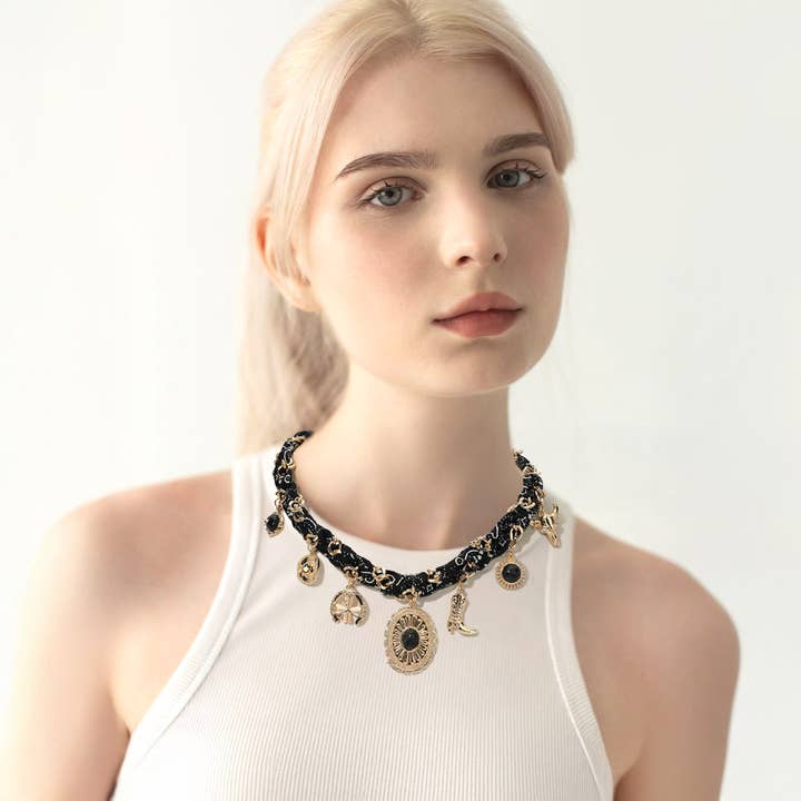 Sensibling Corp. - Wholesale Pendant/Charm Necklace - Western Themed Charm Fabric Braided Necklace5