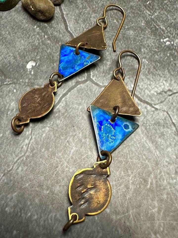 Triangle Earrings - Hand Enamel Blue Bronze Beaten Brass for wholesale by The Sunstone on Main