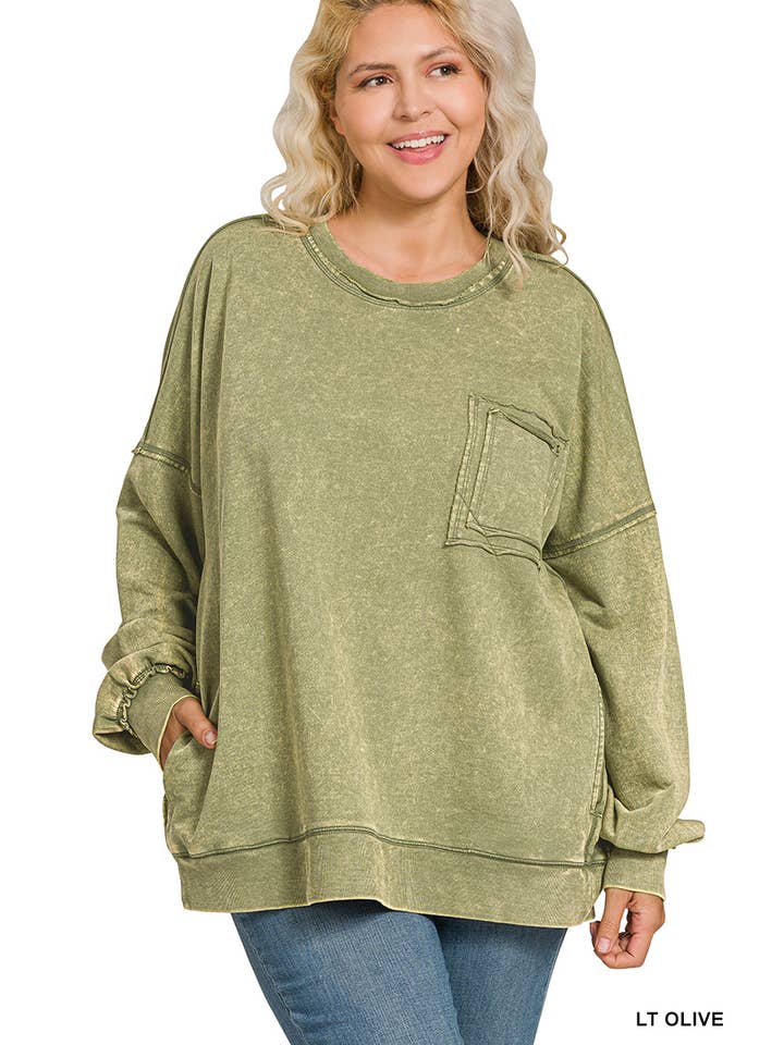 42POPS - Wholesale Sweatshirt - Women's - ', Plus French Terry Acid Wash Raw Edge Front Pocket4