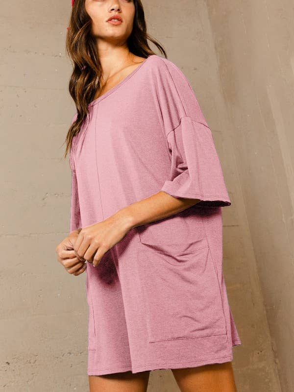 BUCKETLIST - Wholesale Romper - Women's - R5388 Crew Neckline V-back Oversized Solid Romper0