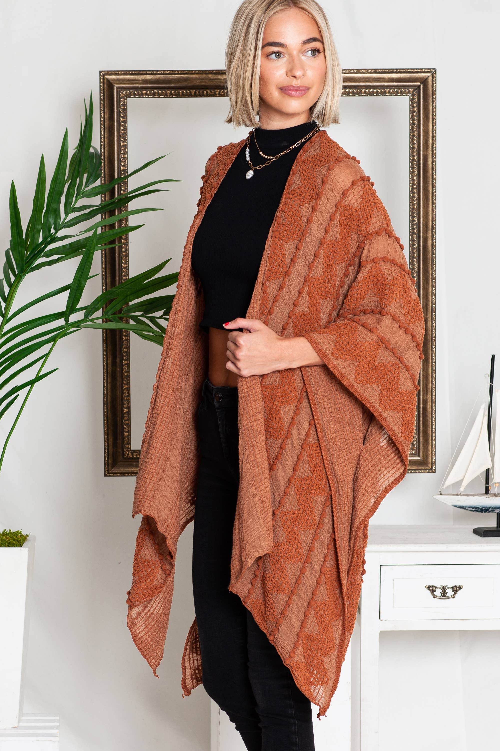 Justin & Taylor - Wholesale Kimono - Women's - Puffer-Up | Soft Textured Cover-Up Kimono With Pom Detail48