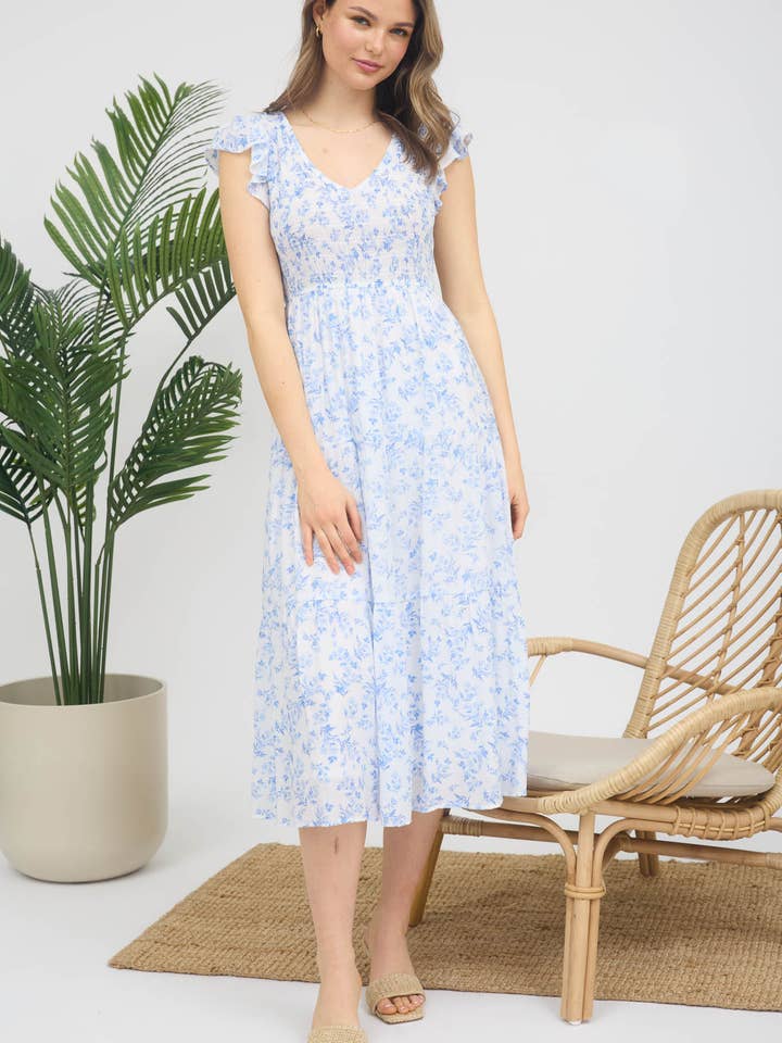 Blu Pepper - Wholesale Dress - Women's - FLORAL V NECK SMOCKED SHORT SLEEVE MIDI DRESS