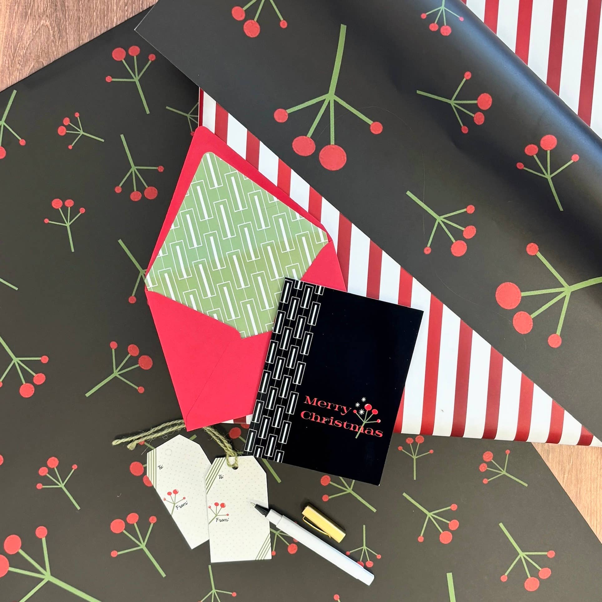 Mod Lounge Paper Company - Wholesale Flat Wrap - Mistletoe Mid Century Modern Holiday Gift Wrap Set of 21