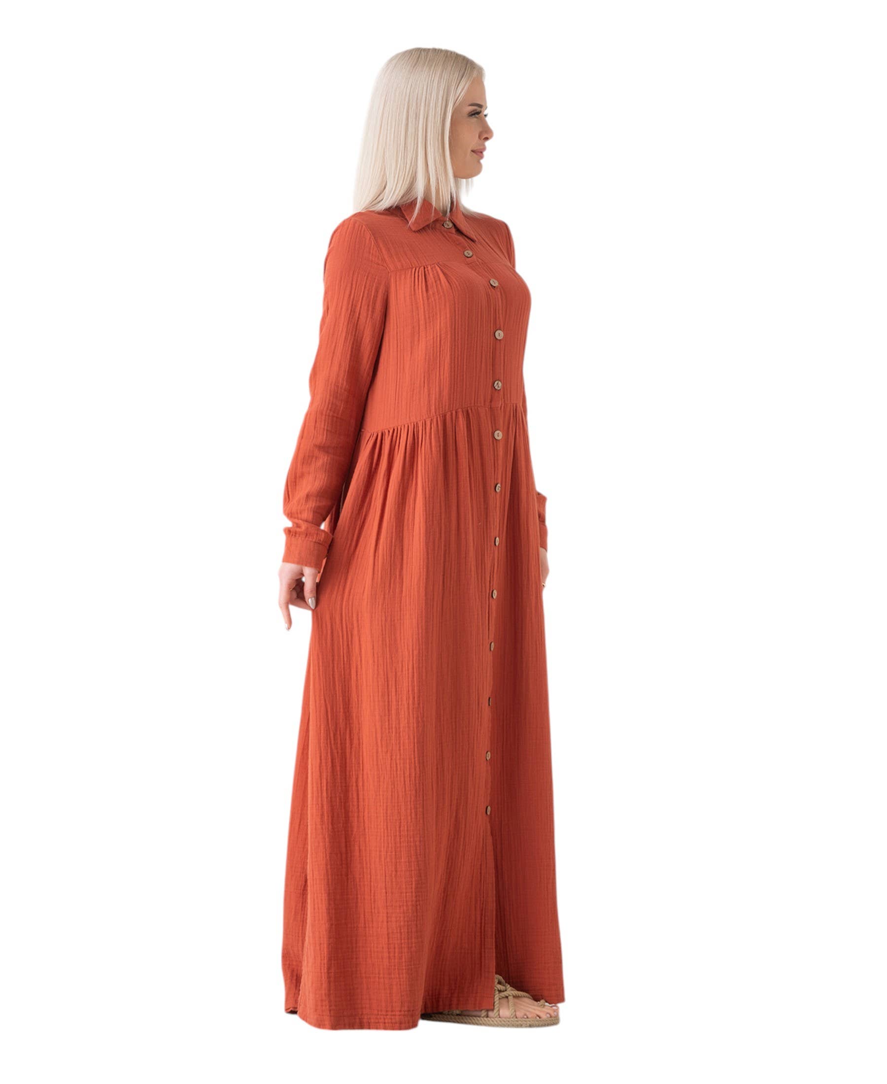 WENOR - Vente Robe – femme - Robe d'été longue en mousseline 100 % coton avec patte de boutonnage, 145 cm27