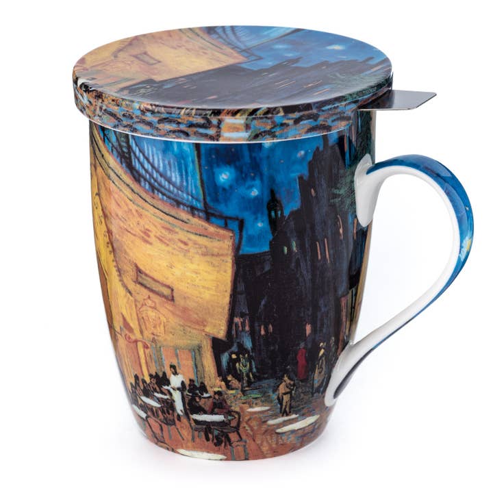 Van Gogh 'Cafe Terrace at Night' Tea Mug w/ Infuser & Lid for wholesale by McIntosh Mugs