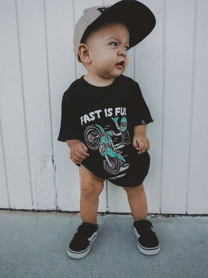 Fast Is Fun Baby Romper for wholesale by Little Trouble