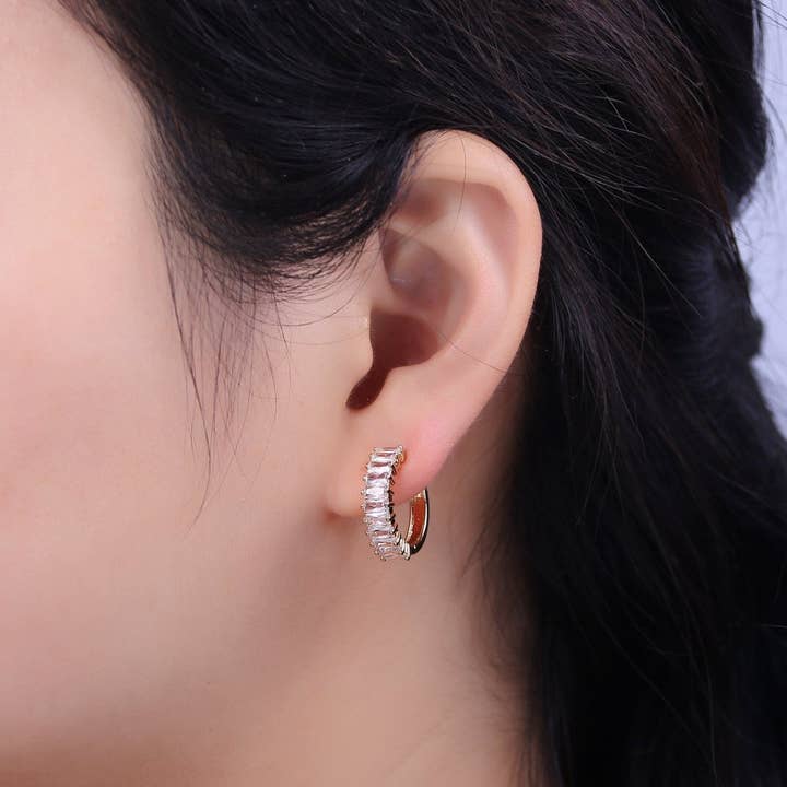 Aim Eternal - Wholesale Huggie Earrings - Mini Cz Hoop Earring, Baguette Hoop Earrings, 18k Gold Filled Baguette Huggies Small Hoop T-273 AD-035