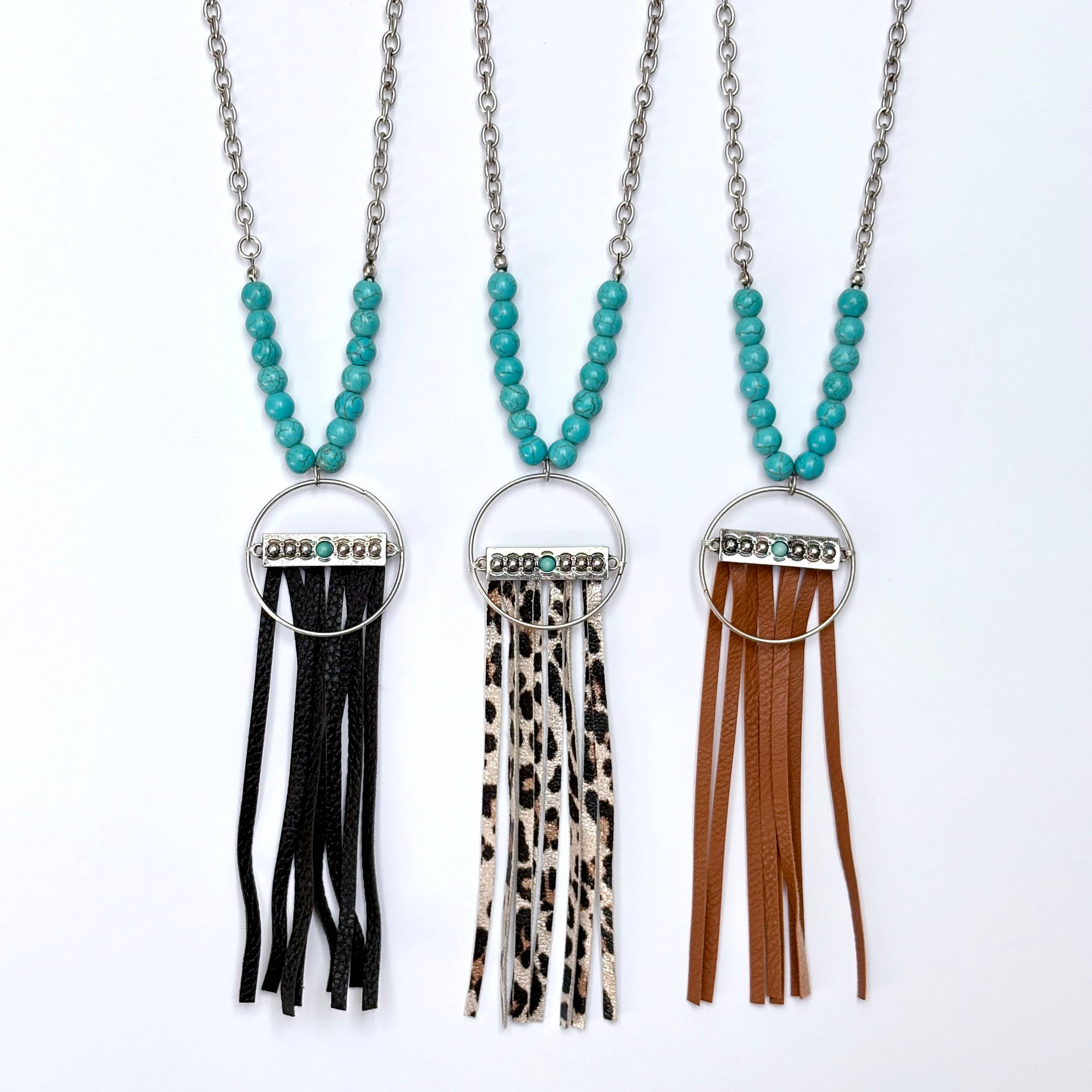 Boho Ranch Shop - Wholesale Pendant/Charm Necklace - Western Boho Leather Tassel Pendant and Stone Long Necklace 6