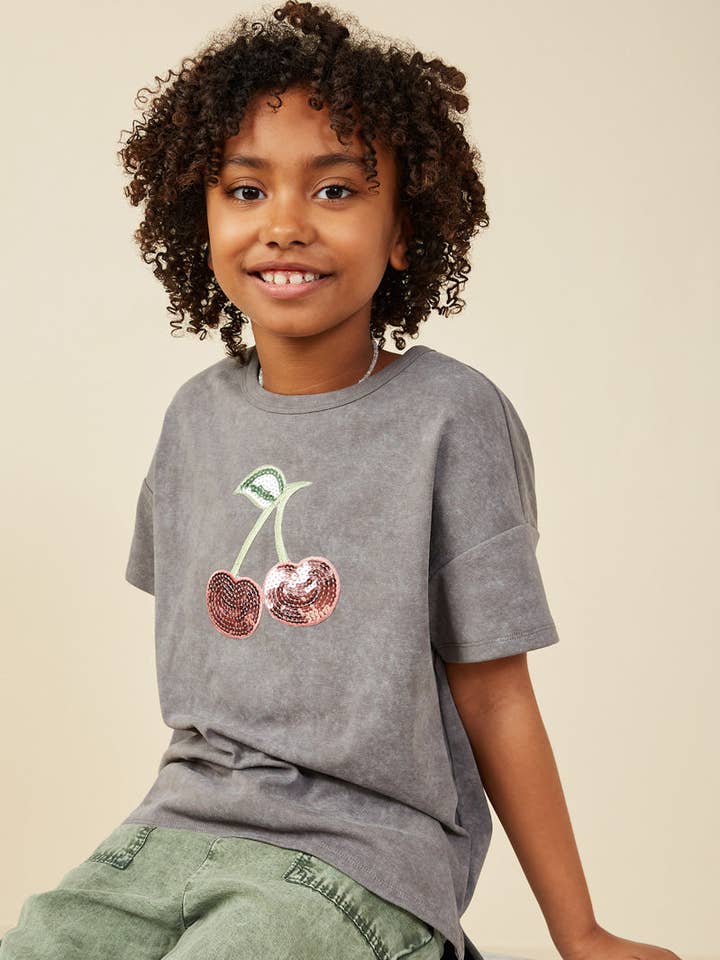 Girls Sequin Cherry Patch Washed Out Tee for wholesale by Hayden LA
