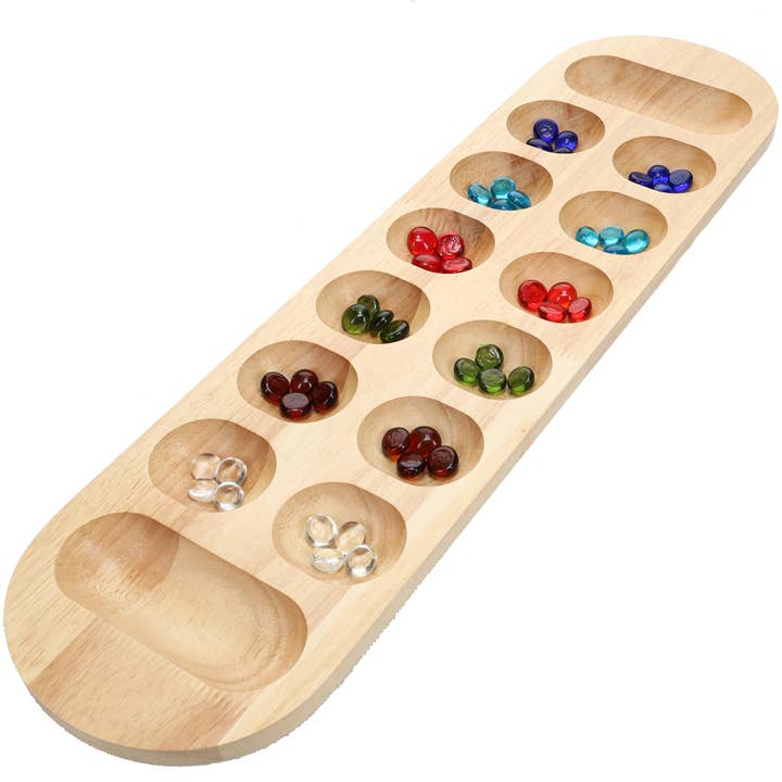 Wood Expressions - Wholesale Board Game - Solid Wood Mancala Board Game with Glass Stones - 22 in.