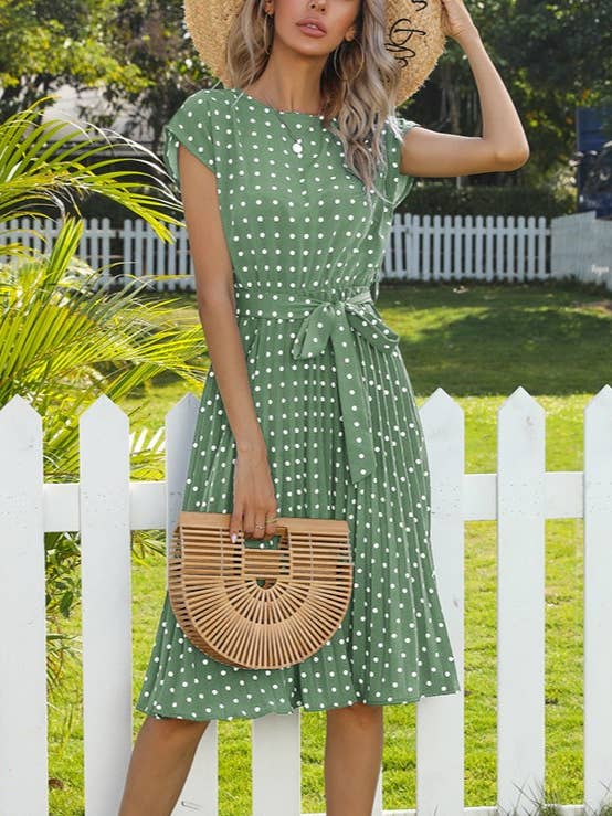 Short-Sleeved Lace-Up Polka Dot Pleated Dress for wholesale by Rosa Clothing