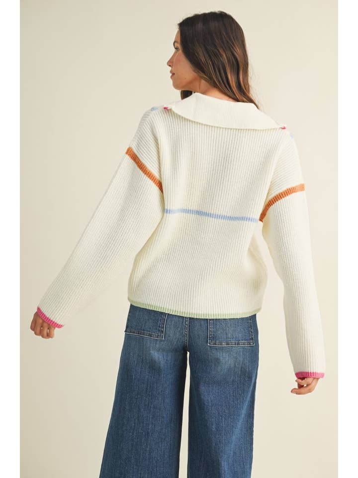 Vanilla Monkey - Wholesale Knit Sweater - Women's - Multi Color Binding Half Zip-up Sweater Top3