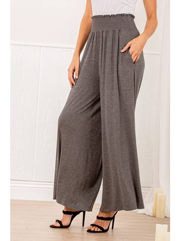 HEIMISH - Wholesale Pants - Women's - SP1123-10 FOLD OVER WIDE LEG SOLID PANTS WITH SMOCKED AND SI3