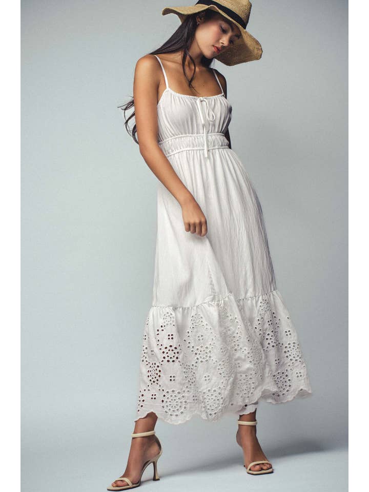 WHITE Eyelet Embroidered Tie-Front Maxi Dress for wholesale on Faire