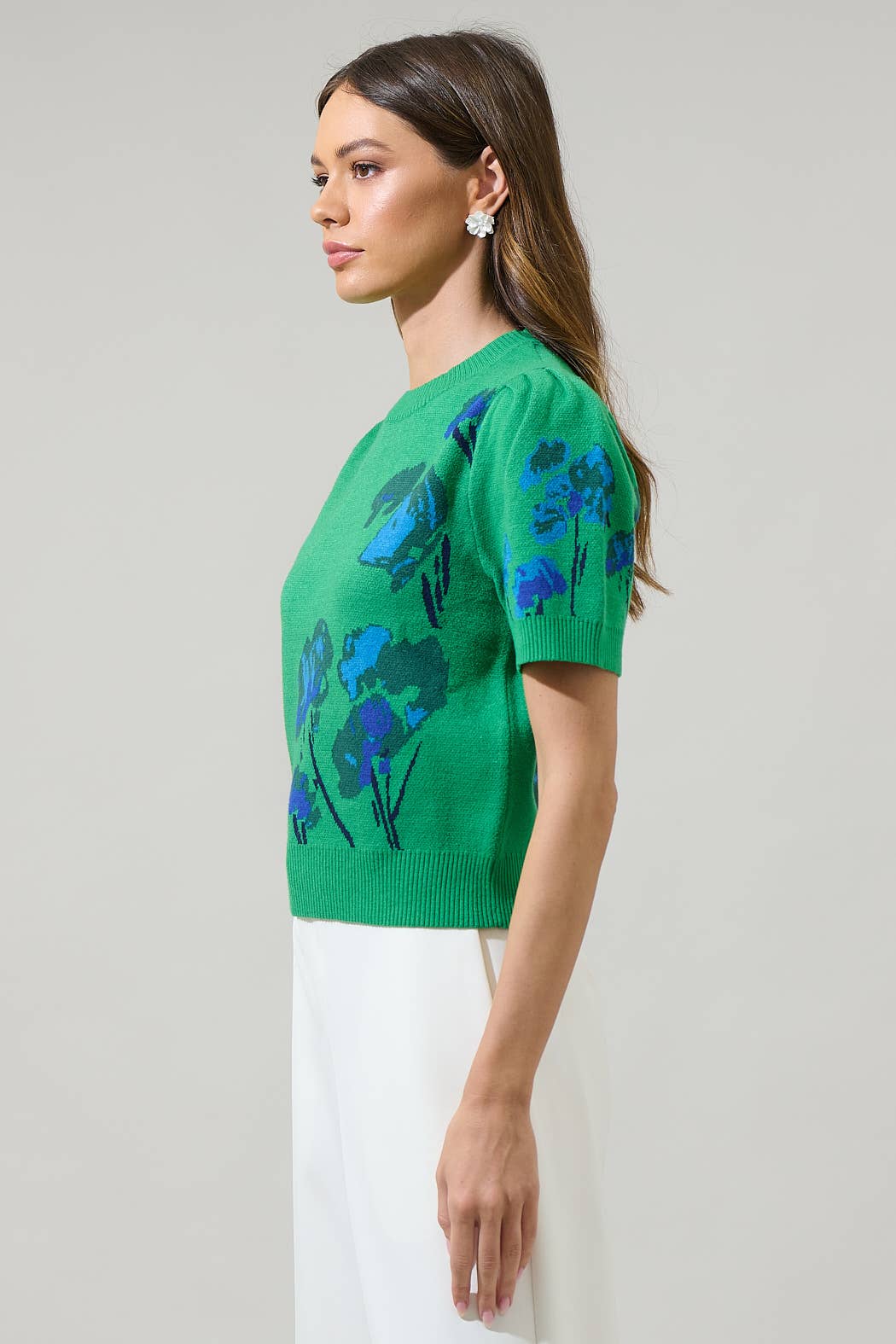 Kelly Green Kersey Floral Pleated Short Sleeve Sweater Top for wholesale on Faire2