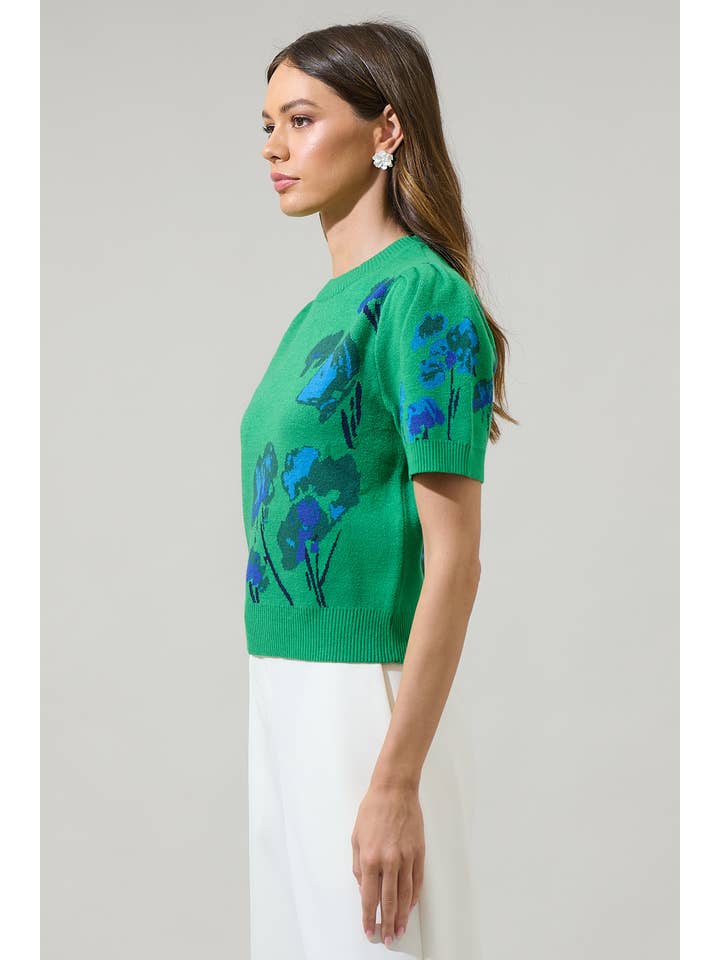 Kelly Green Kersey Floral Pleated Short Sleeve Sweater Top for wholesale on Faire2