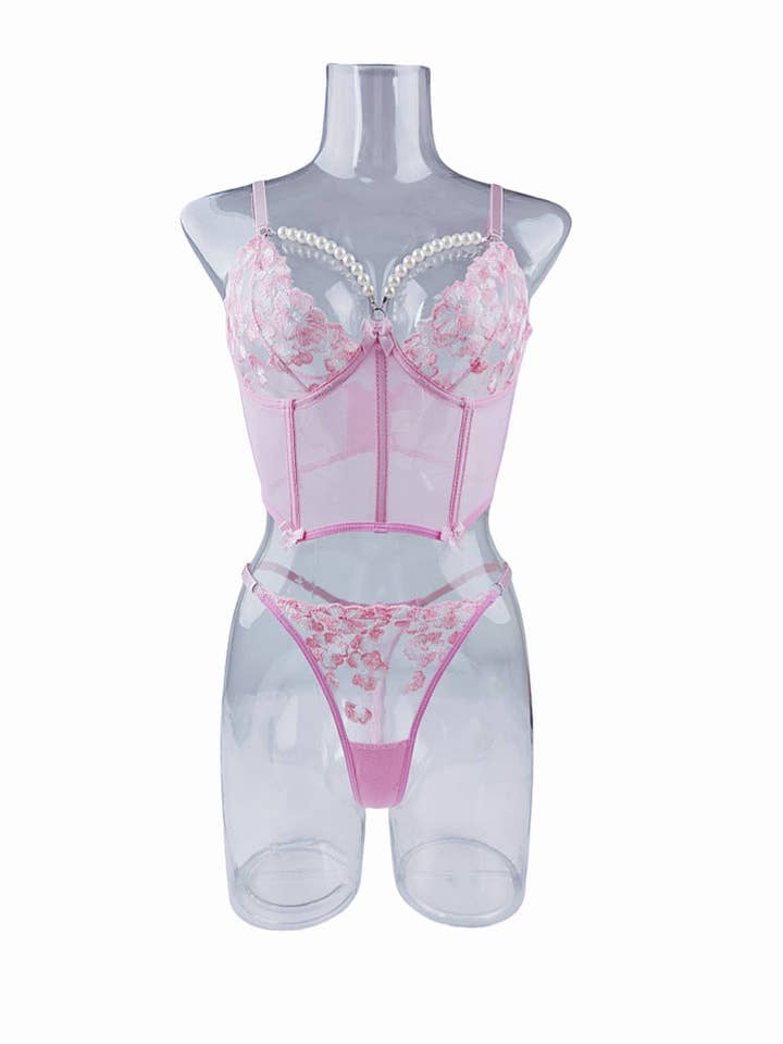 Rose Ensemble de corset lingerie brodé floral pour femmes SKLG4162 en vente sur Faire5