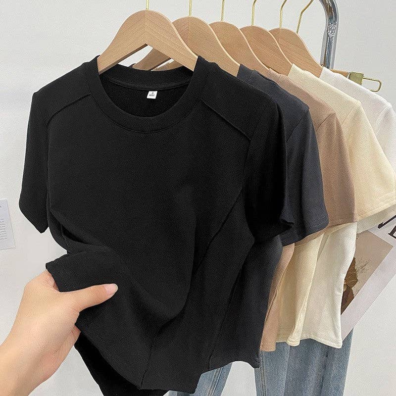 UZ Wholesale Store - Wholesale T-Shirt - Women's - Fishbone Round Neck Slim Fit Solid Color T-Shirt0