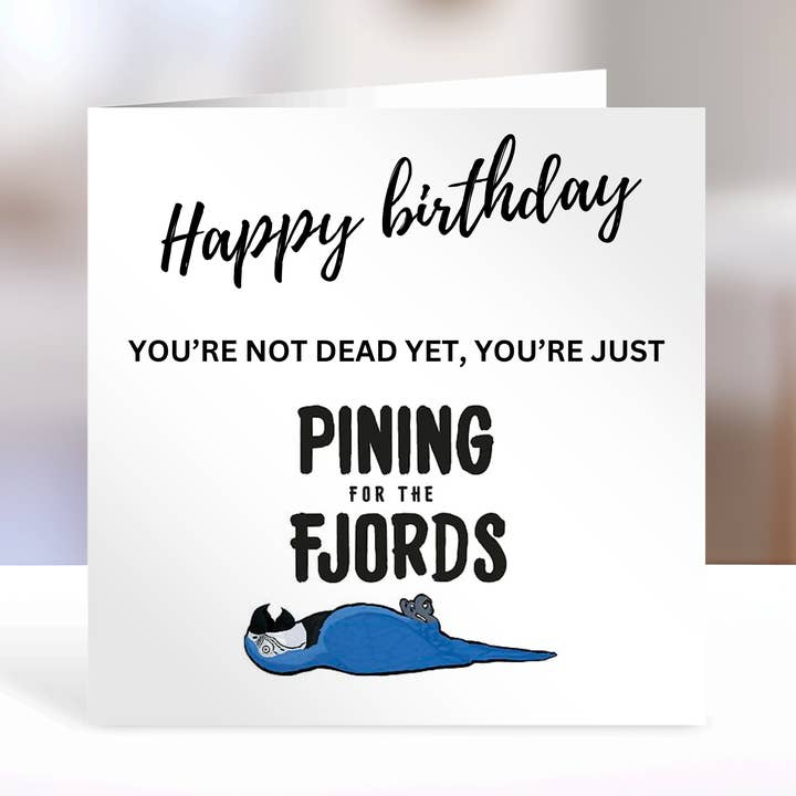 Funny Monty Python dead parrot Birthday Card for wholesale by Florence Designs