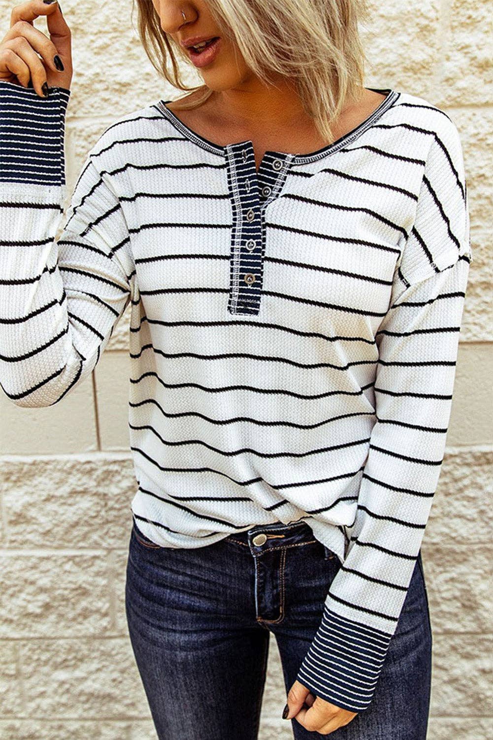 Lovesoft – wholesale Knit top – Women's – Striped Color Block Buttoned Waffle Knit Shirt3