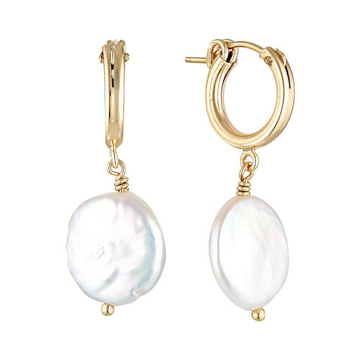 Coin Pearl Hoop Earrings for wholesale by BOWERBIRD JEWELS