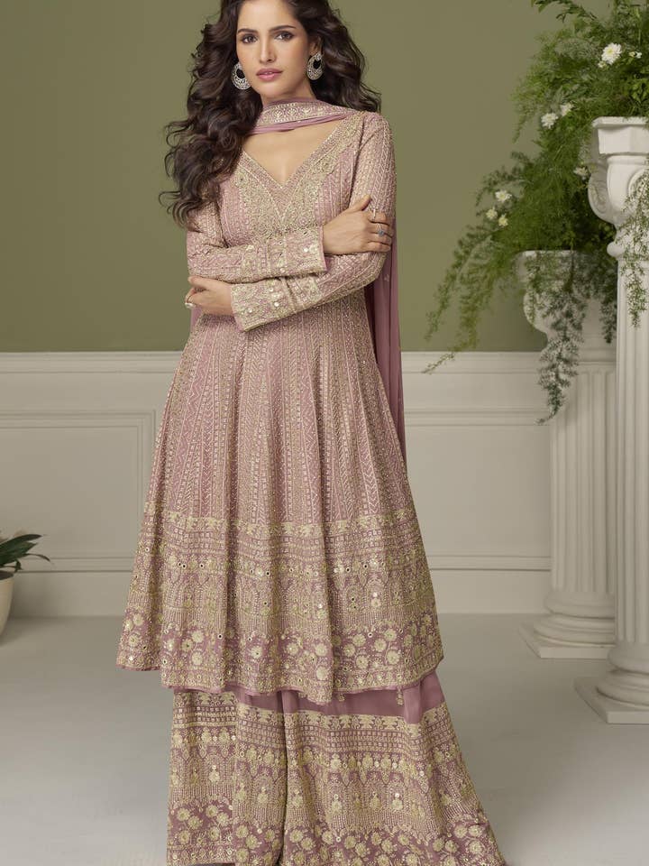 Pale Purple Georgette Kameez With Palazzo For Indian & Pakistani Wedding Festival - Thread & Sequins Embroidery Work, Swarovski Work for wholesale by HATKE BRIDE