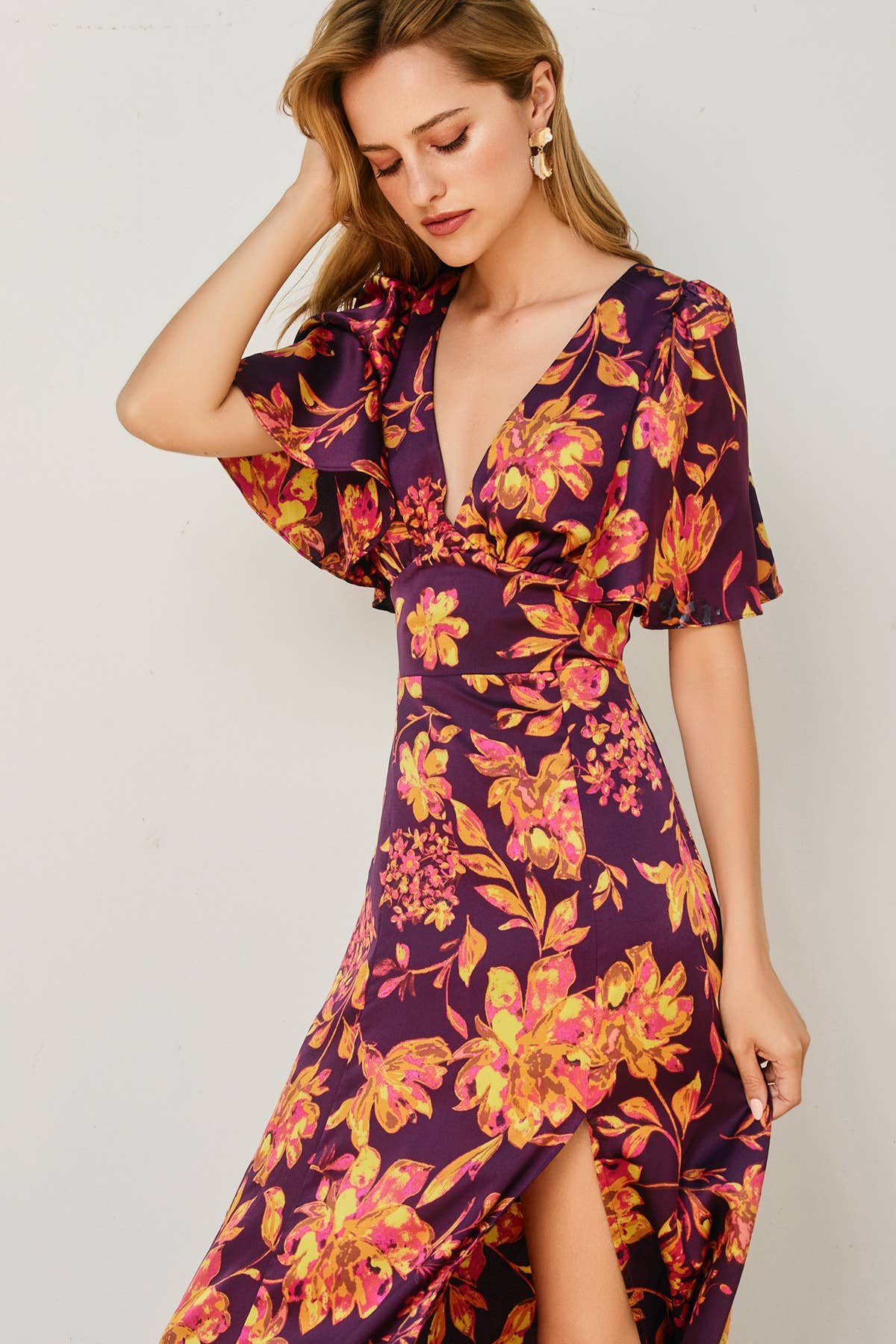 GOLDEN NIGHT Crimson Horizon Flutter Sleeve Plunging Maxi Dress (1) for wholesale on Faire4