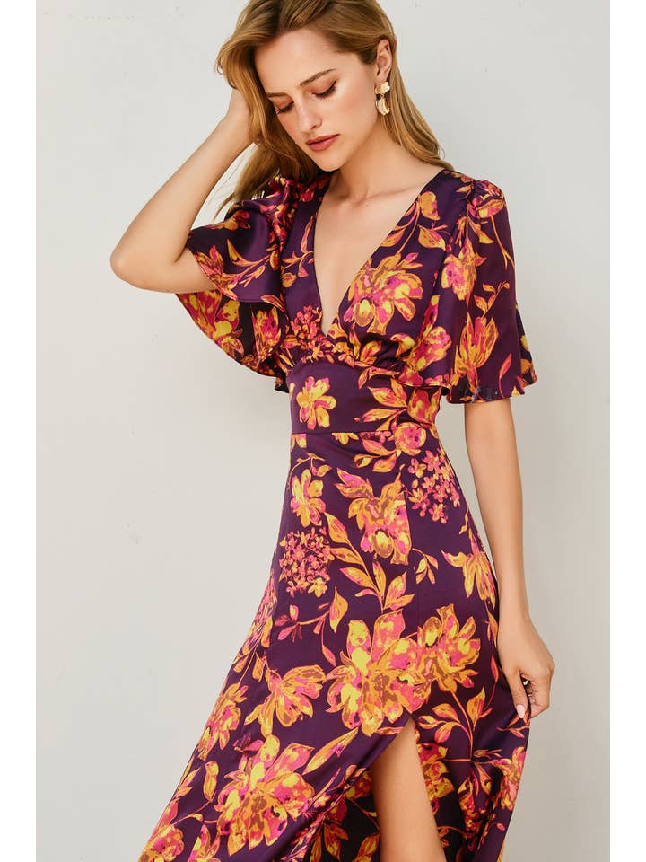 GOLDEN NIGHT Crimson Horizon Flutter Sleeve Plunging Maxi Dress (1) for wholesale on Faire4