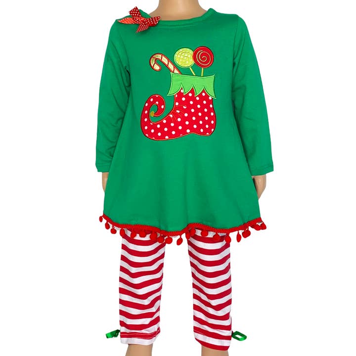 Girls Christmas Clothing Elf Stocking Red Stripe Pants Set and other Purchase wholesale santa outfit. Free returns & net 60 terms on Faire trending on Faire.