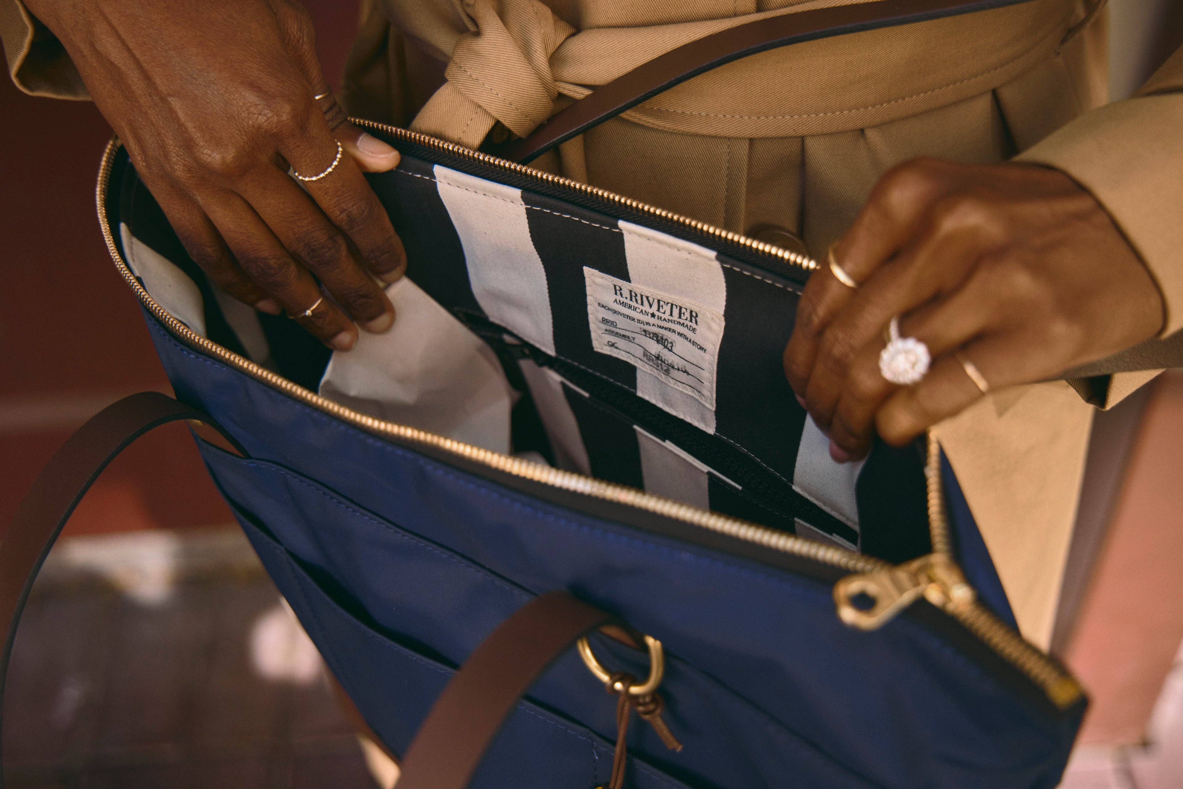 R.Riveter - Wholesale Tote Bag - Women's - Harriet | Navy Nylon + Brown Leather6