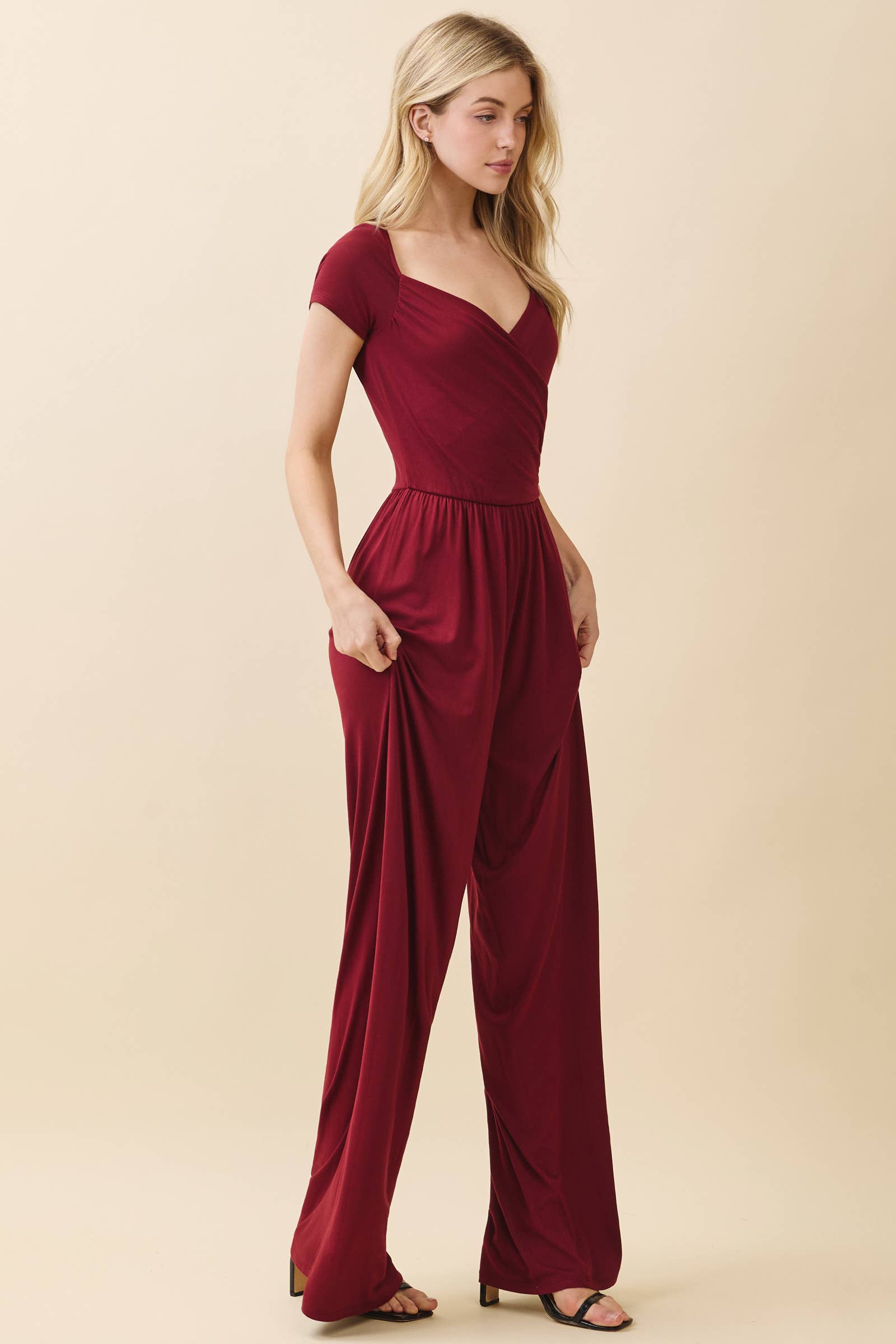 Heart & Hips - Wholesale Jumpsuit - Women's - JR56657 - RUCHED SURPLICE PALAZZO JUMPSUIT5