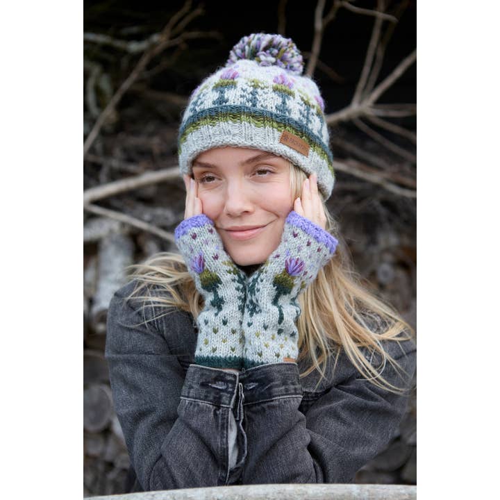 One Colour Scottish Thistle Knit Fingerless Gloves Grey Wool Floral for wholesale on Faire5