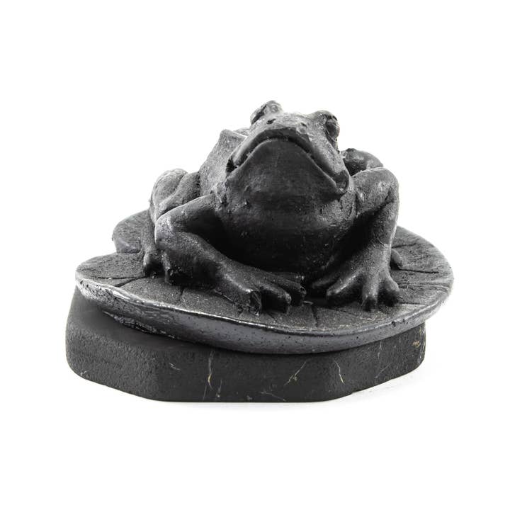 Quasar Gems USA - Wholesale Decorative Figurine - Shungite Figurine Frog on Leaf on Stand1