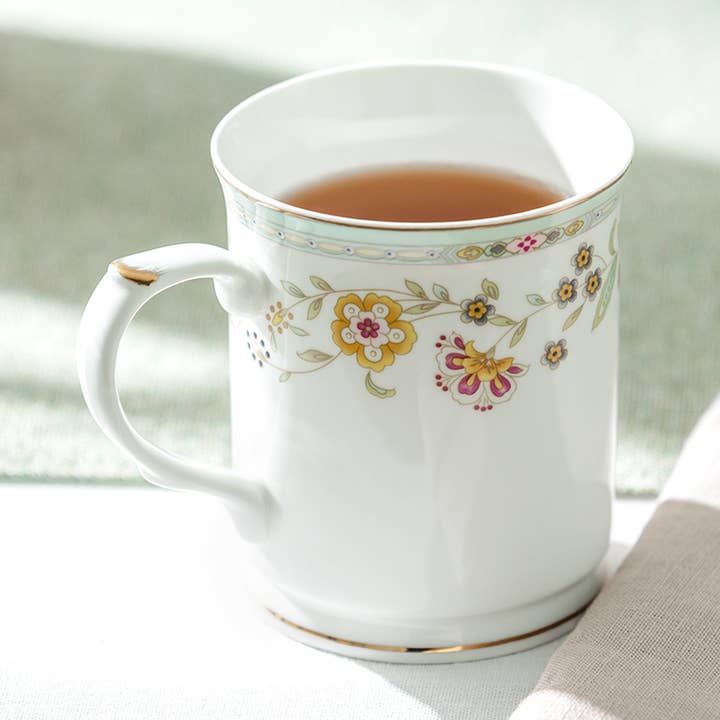 Yellow Corn Flowers with Mint Rim 14oz Fine Porcelain Mug for wholesale by Grace Teaware