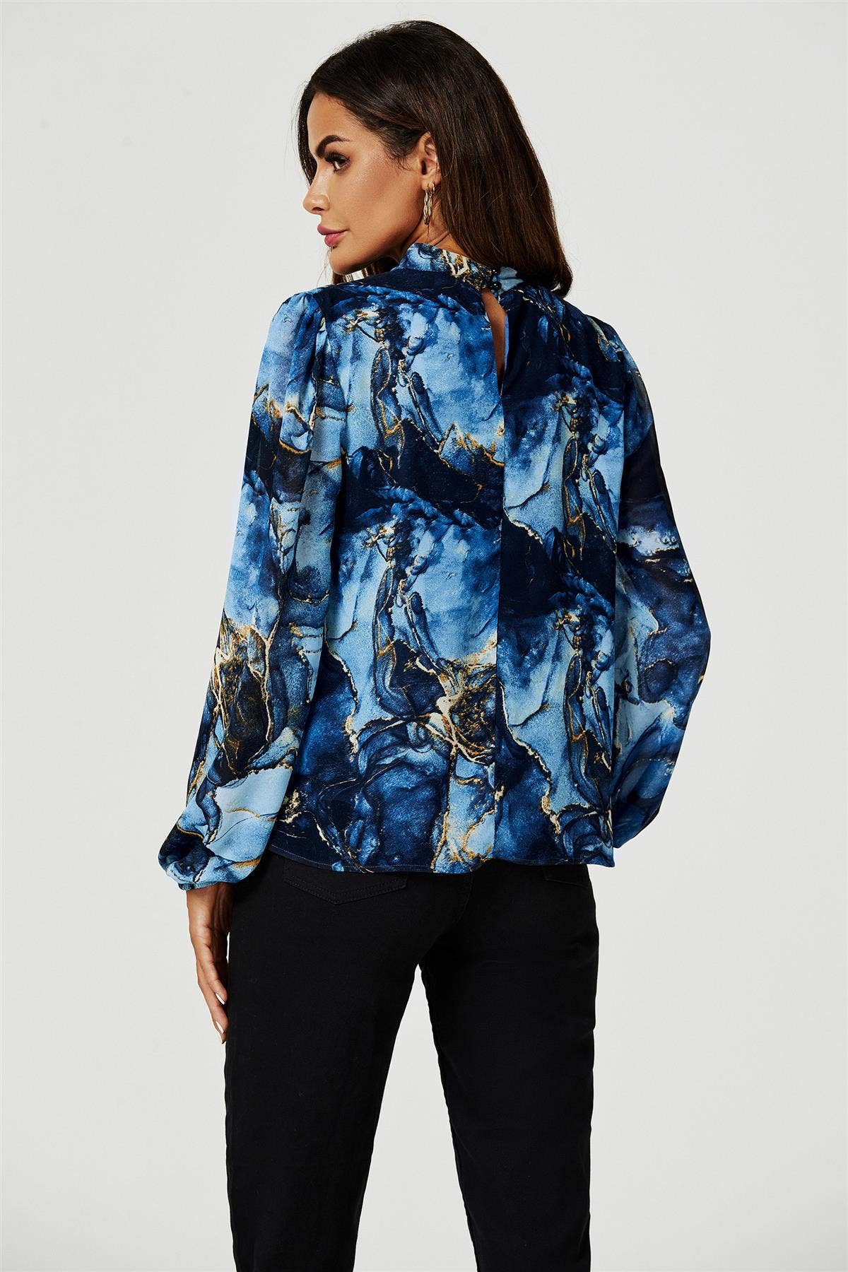 Marble Print Long Sleeve High Neck Top In Navy for wholesale on Faire5