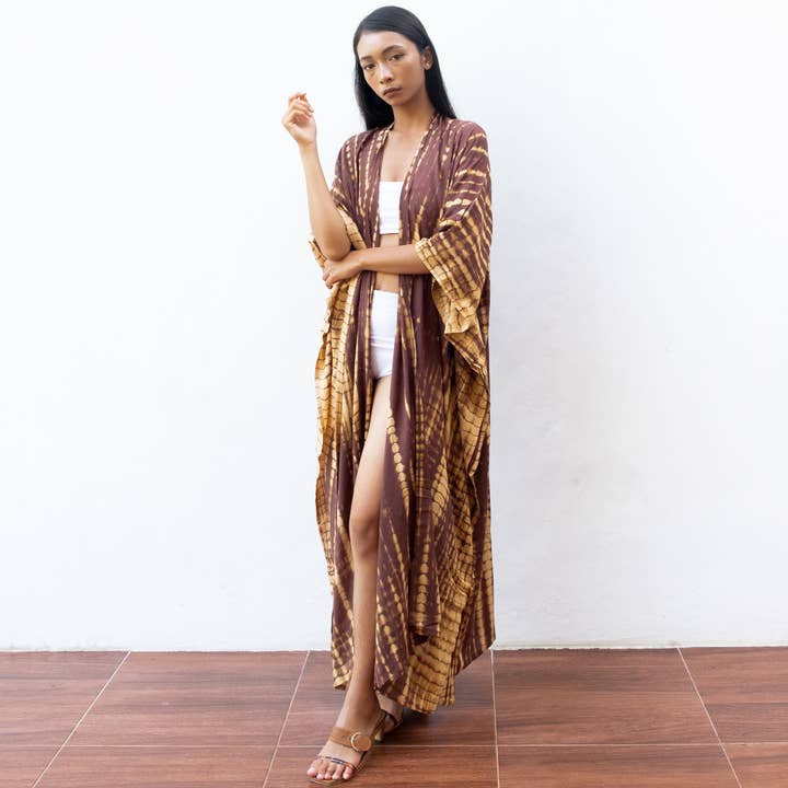 Kimono tie-dye marron doré - Robe de plage couvrante bikini pour la vente par Bali Harvest