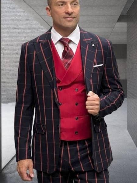 Costume de sport - Fenêtre noire ~ rouge - Costume à carreaux, coupe moderne, tissu en laine Super 150'S ventilé sur le côté pour la vente par Alberto Nardoni