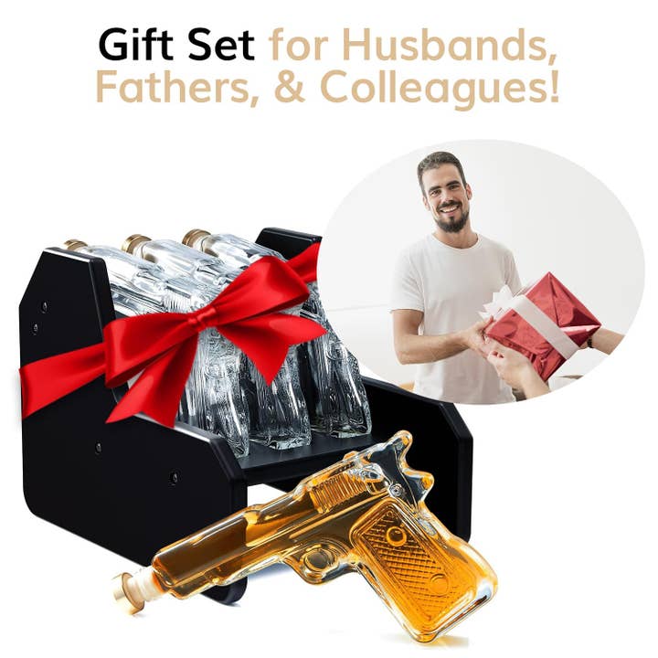 The Wine Savant / Khen Glassware - Wholesale Decanter - Whiskey Decanter Set, 3 Pistol Gun & Wooden Stand, 7.7oz3