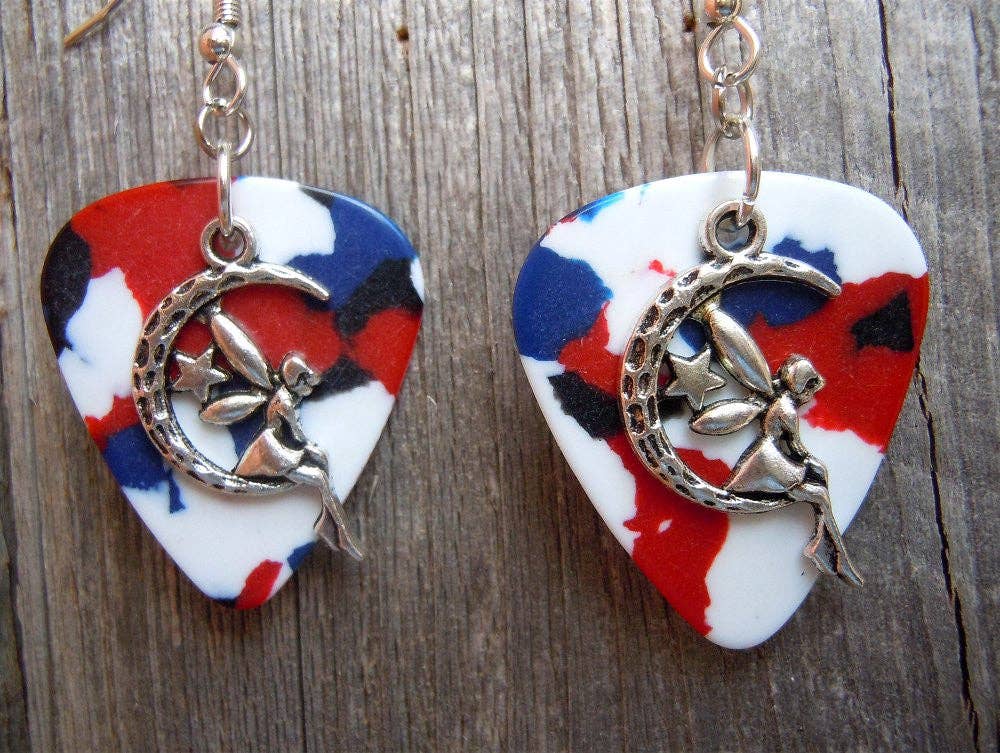 Simply Raevyn - Wholesale Dangle Earrings - Fairy on the Half Moon Charm Guitar Pick Earrings6