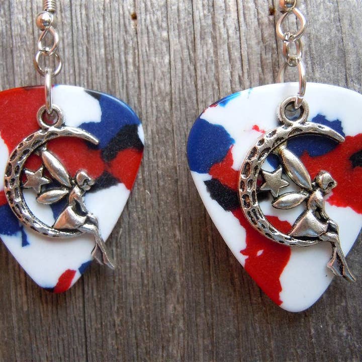 Simply Raevyn - Wholesale Dangle Earrings - Fairy on the Half Moon Charm Guitar Pick Earrings6